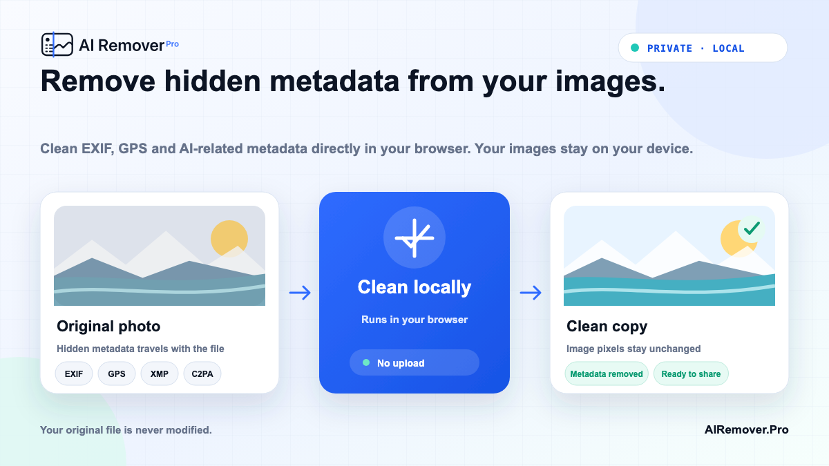 Visual guide for Remove metadata from your photos, showing the local browser workflow