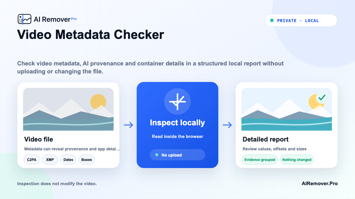 Visual guide for Video Metadata Checker, showing the local browser workflow