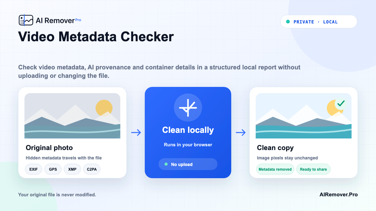Visual guide for Video Metadata Checker, showing the local browser workflow